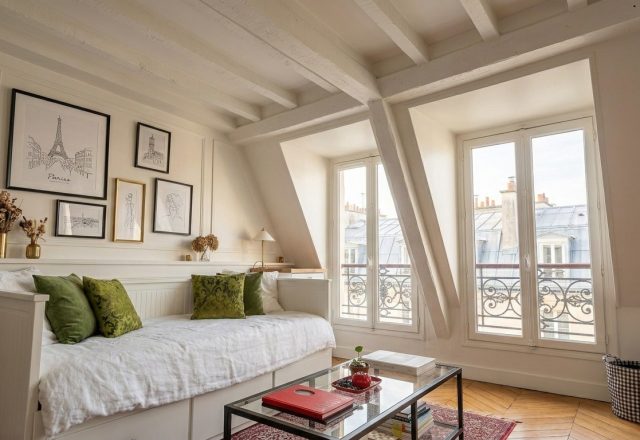 Bright attic living space featuring a white daybed, sloped ceilings, and dormer windows.