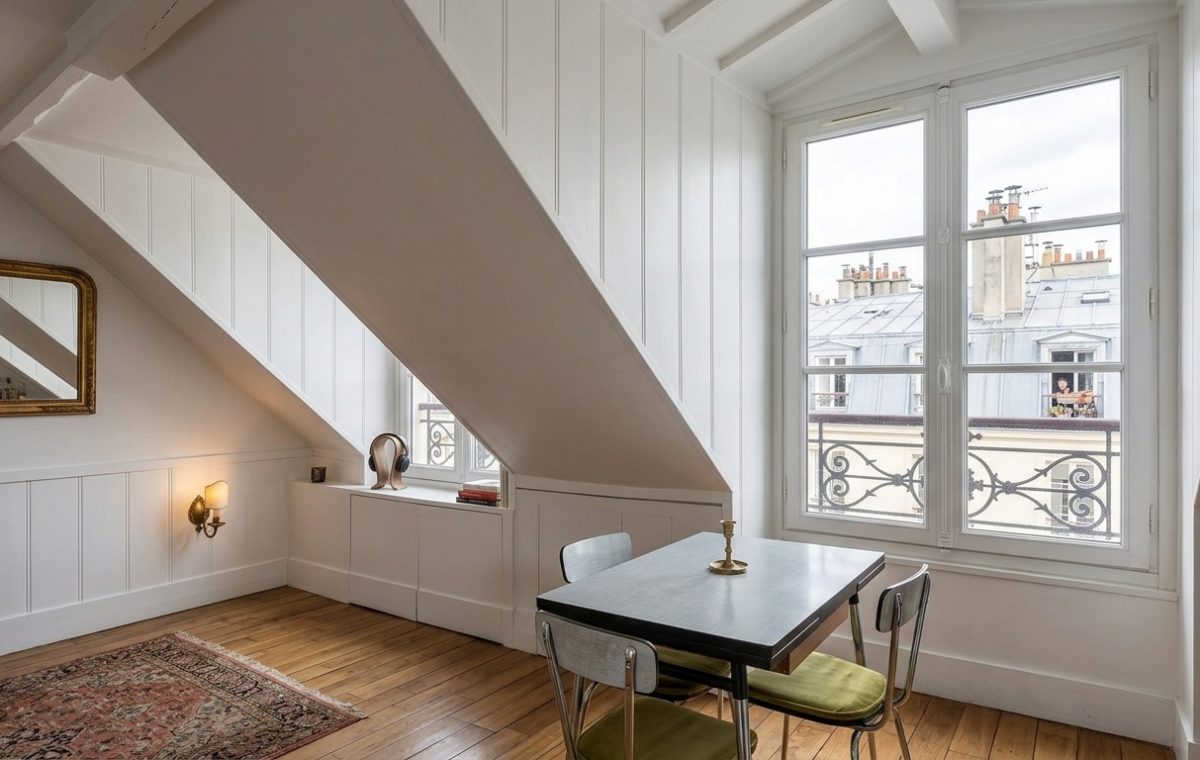 Bright attic dining room featuring a small table, sloped white walls, and a large dormer window.