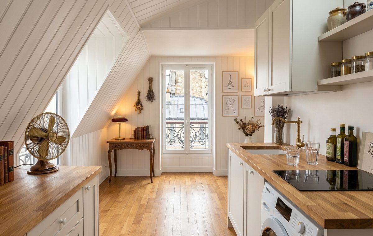 Bright attic galley kitchen design featuring sloped white walls, wooden countertops, and natural light.