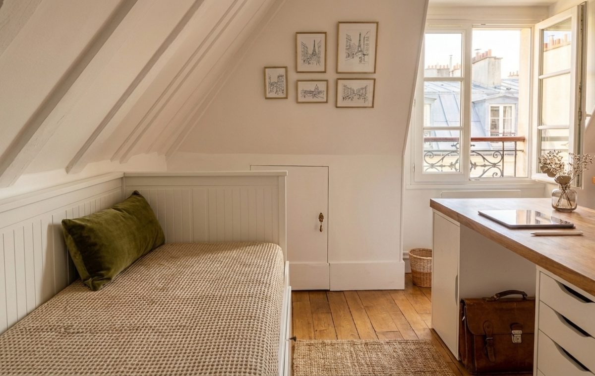 Cozy attic guest bedroom with sloped white rafters, daybed, and a wooden desk near a sunny window.