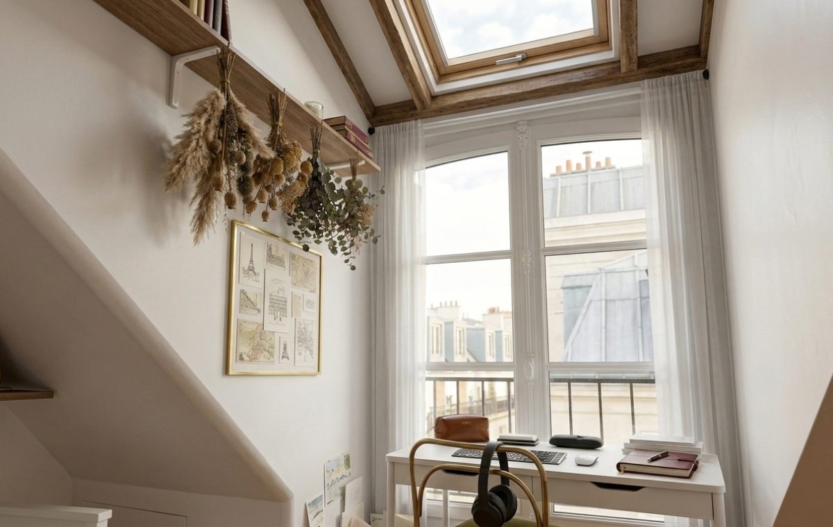 Bright attic home office with a white desk, sloped walls, and large windows bringing in natural light.