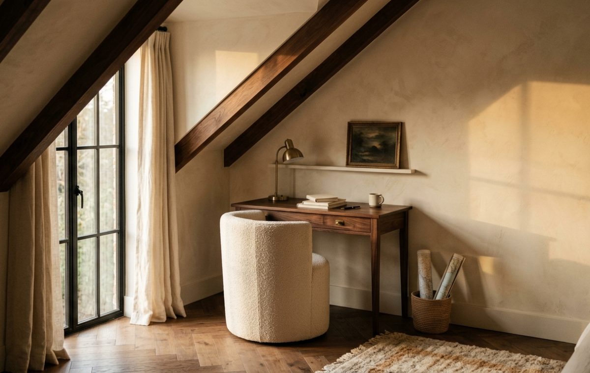 Cozy attic home office with sloped wooden beams, lime-washed walls, and a boucle chair facing a wooden desk.