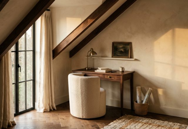 Cozy attic home office with sloped wooden beams, lime-washed walls, and a boucle chair facing a wooden desk.