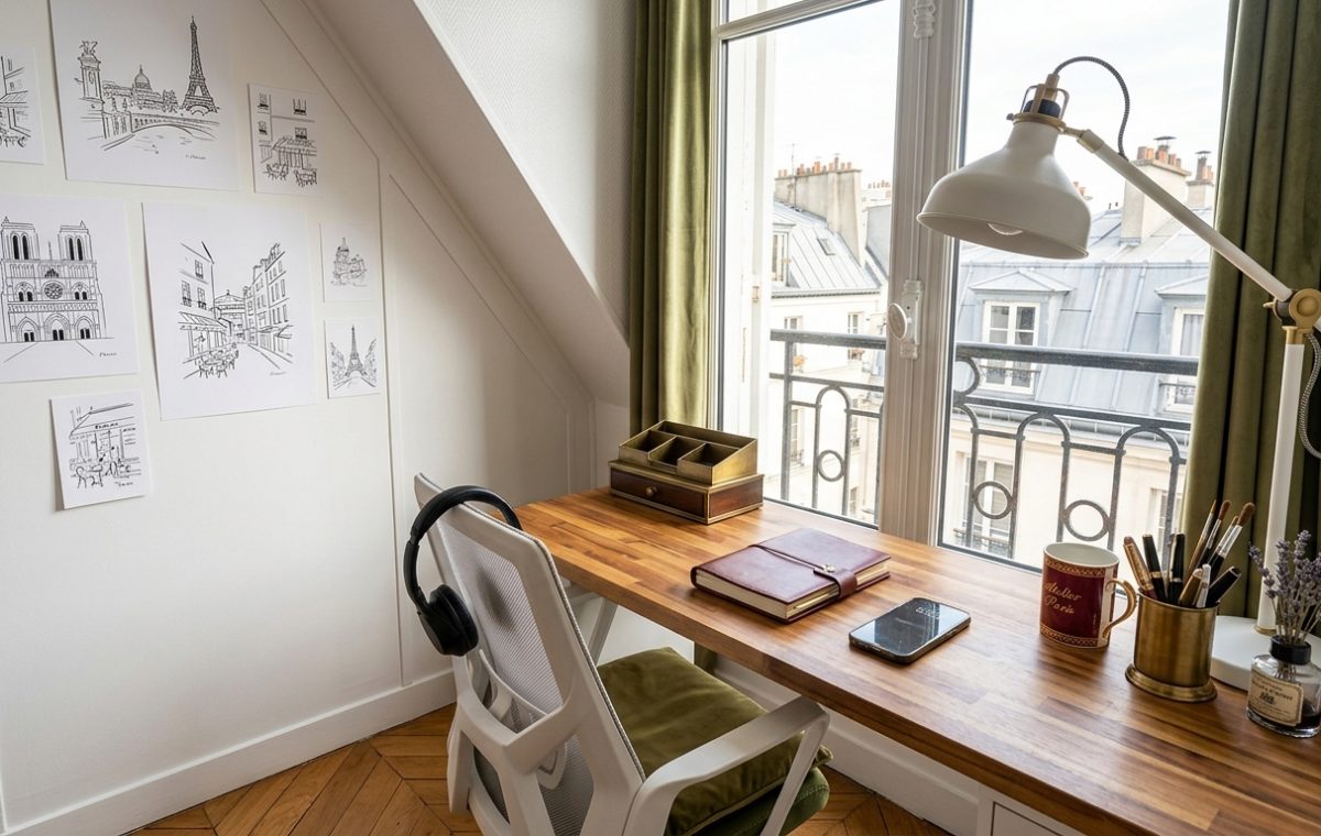 Bright attic home office with a wooden desk under a window overlooking Parisian rooftops and an art gallery wall.