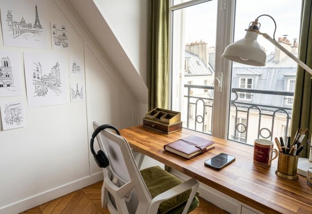 Bright attic home office with a wooden desk under a window overlooking Parisian rooftops and an art gallery wall.