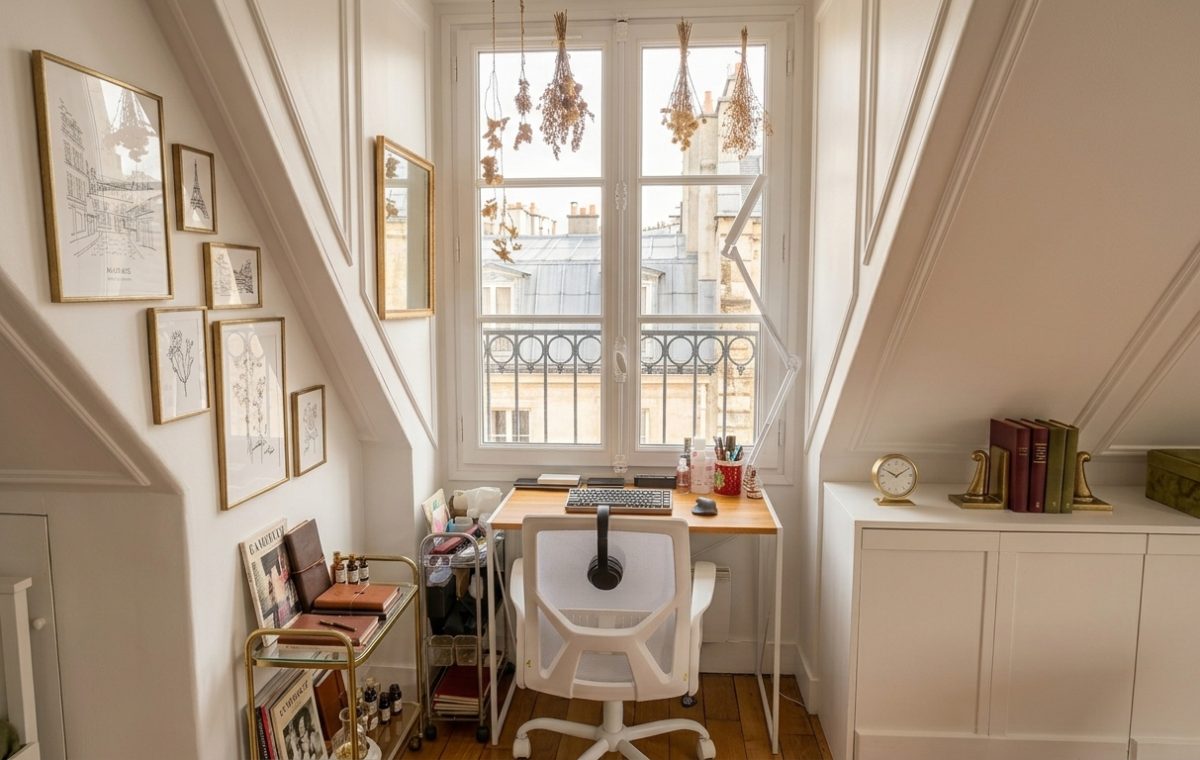 Bright attic home office setup featuring a wooden desk under a sloped window and a gallery wall.