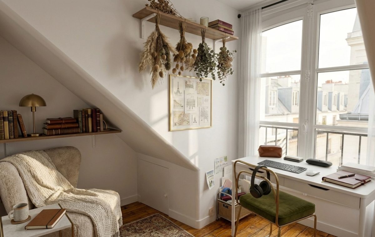 Cozy attic home office featuring a white desk by the window and a reading nook under sloped ceilings.