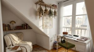 Cozy attic home office featuring a white desk by the window and a reading nook under sloped ceilings.