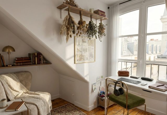 Cozy attic home office featuring a white desk by the window and a reading nook under sloped ceilings.