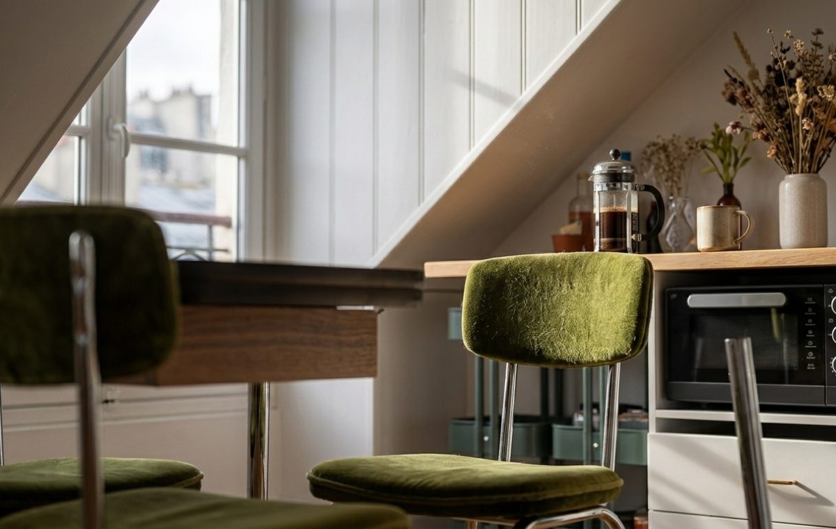Cozy attic kitchenette design with sloped ceilings, green velvet chairs, and a coffee station.