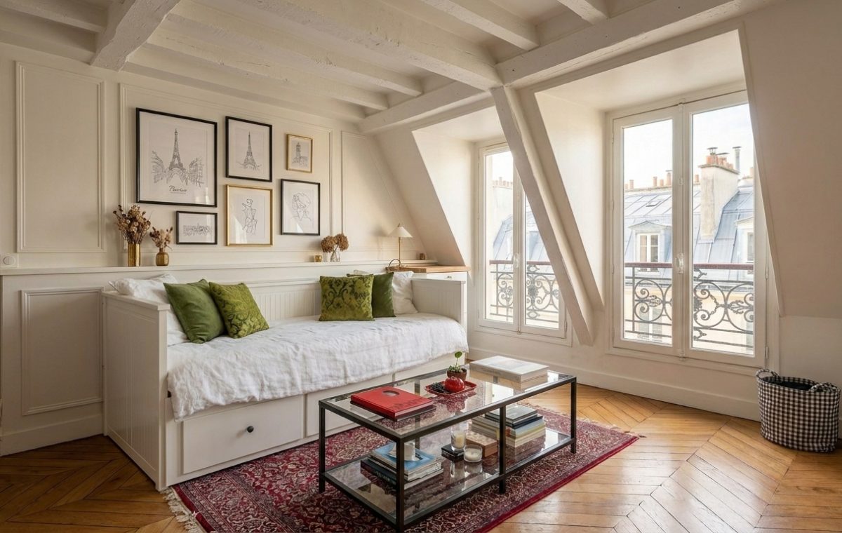 Bright attic living room design featuring white daybed, herringbone floors, and sloped ceiling beams.