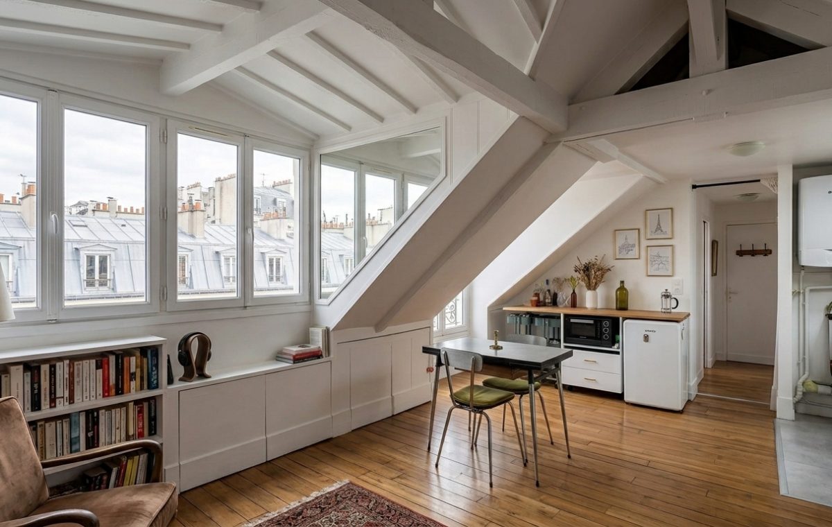 Bright attic living room design featuring sloped ceilings, white exposed beams, and custom built-in bookshelves.