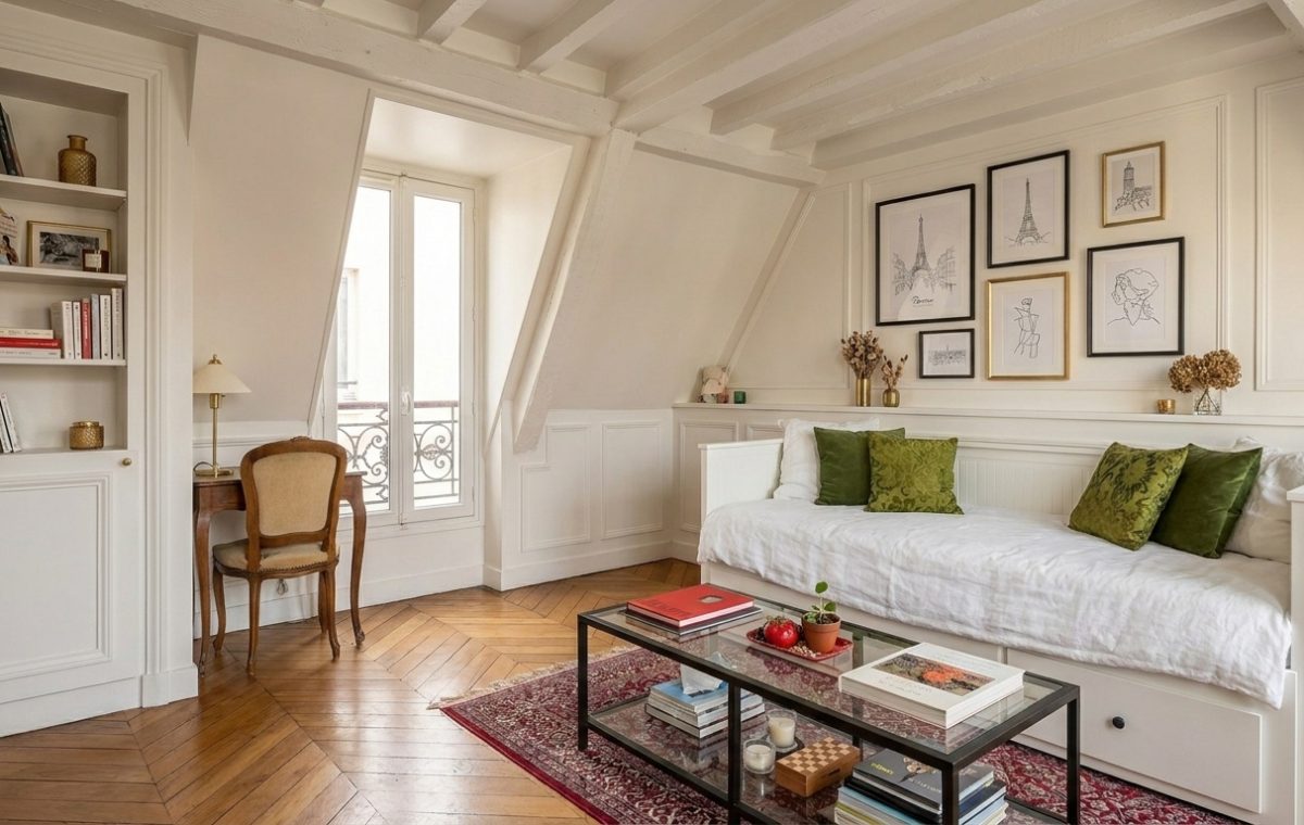 Bright attic living room with sloped ceilings, built-in shelving, white daybed, and chevron wood floors.