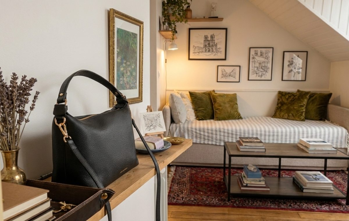 Cozy attic living room with sloped ceilings, a daybed, and stylish decor accents.