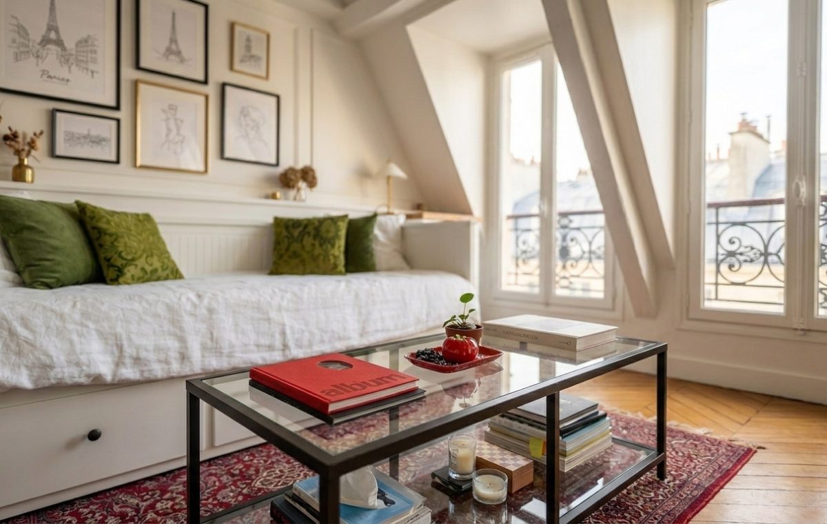 Cozy attic living room featuring a white daybed, glass coffee table, and slanted ceilings under tall windows.