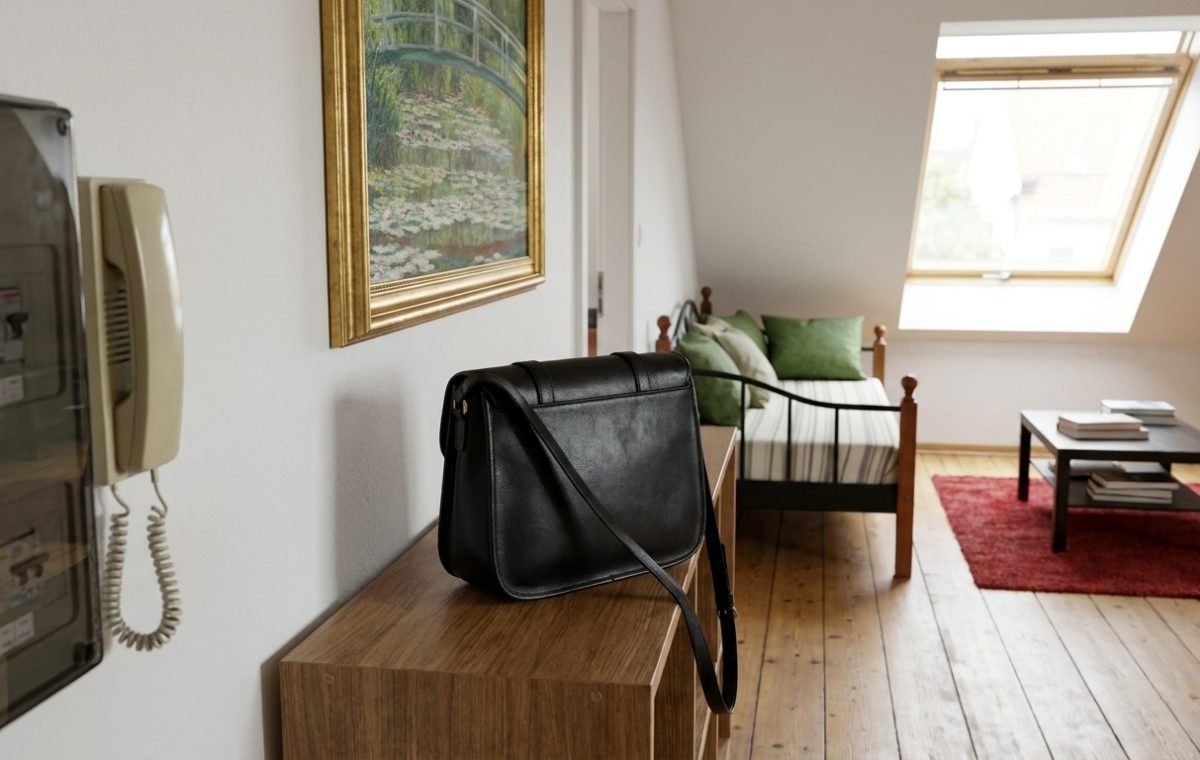 Black leather bag on a wooden console table in a bright attic living room with sloped ceilings and skylight.