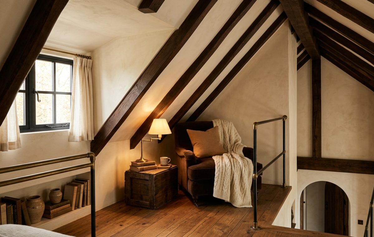 Cozy attic loft conversion featuring exposed wooden beams, sloped ceilings, and a built-in reading nook with a velvet armchair.