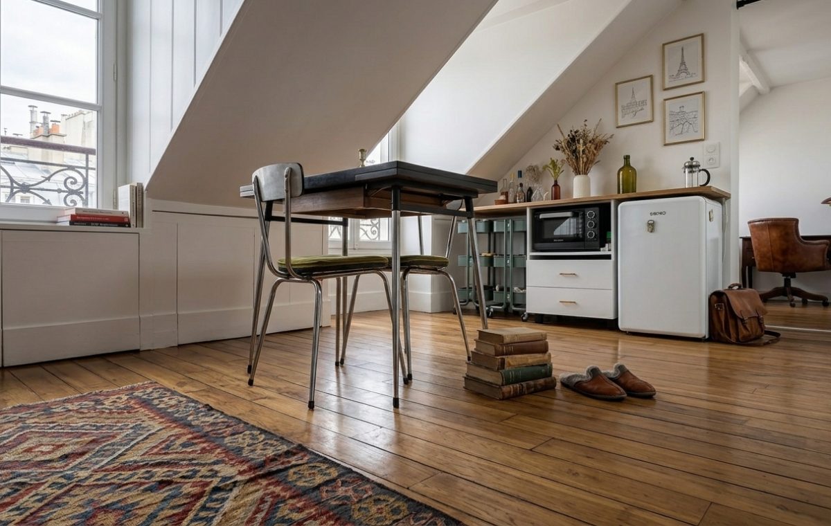 Cozy attic studio apartment interior featuring sloped ceilings, hardwood floors, compact dining area, and mini-fridge setup.