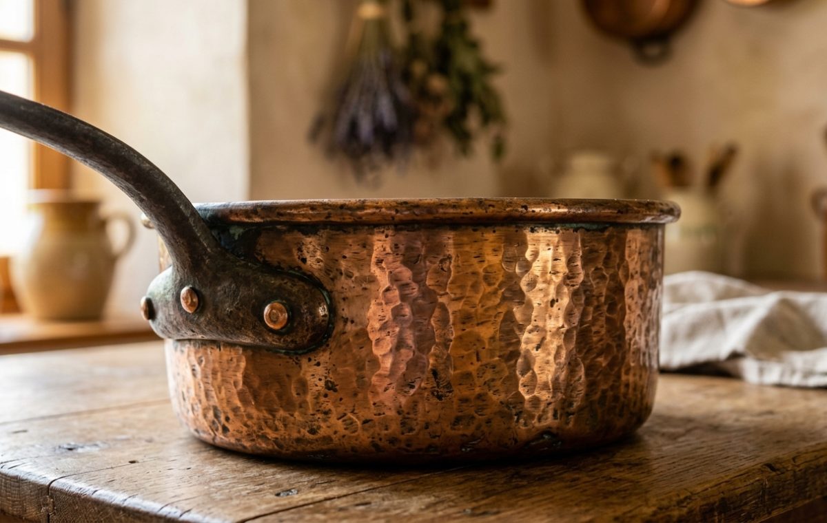 An antique hammered copper pot resting on a distressed wooden countertop in a rustic kitchen.