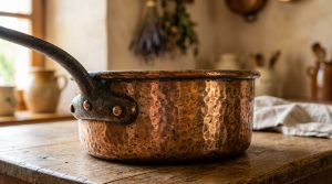 An antique hammered copper pot resting on a distressed wooden countertop in a rustic kitchen.