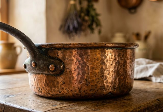An antique hammered copper pot resting on a distressed wooden countertop in a rustic kitchen.