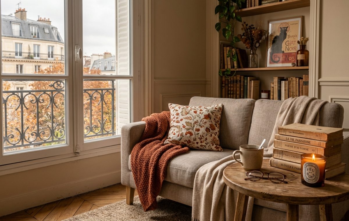 Cozy autumn apartment living room styled with a terracotta throw blanket, vintage books, and French window view.