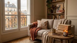 Cozy autumn apartment living room styled with a terracotta throw blanket, vintage books, and French window view.