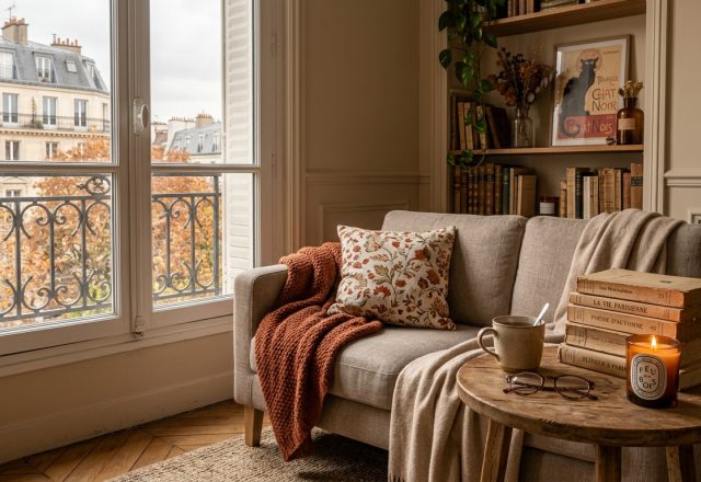 Cozy autumn apartment living room styled with a terracotta throw blanket, vintage books, and French window view.
