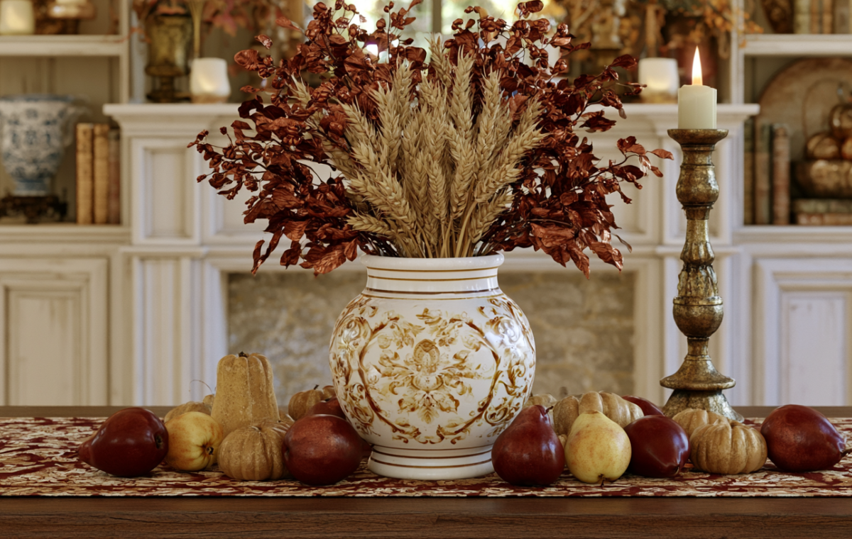 Autumn centerpiece ideas featuring a ceramic vase with dried wheat, fall leaves, seasonal fruit, and a brass candleholder on a table runner.