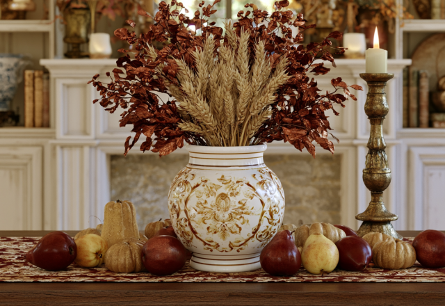 Autumn centerpiece ideas featuring a ceramic vase with dried wheat, fall leaves, seasonal fruit, and a brass candleholder on a table runner.