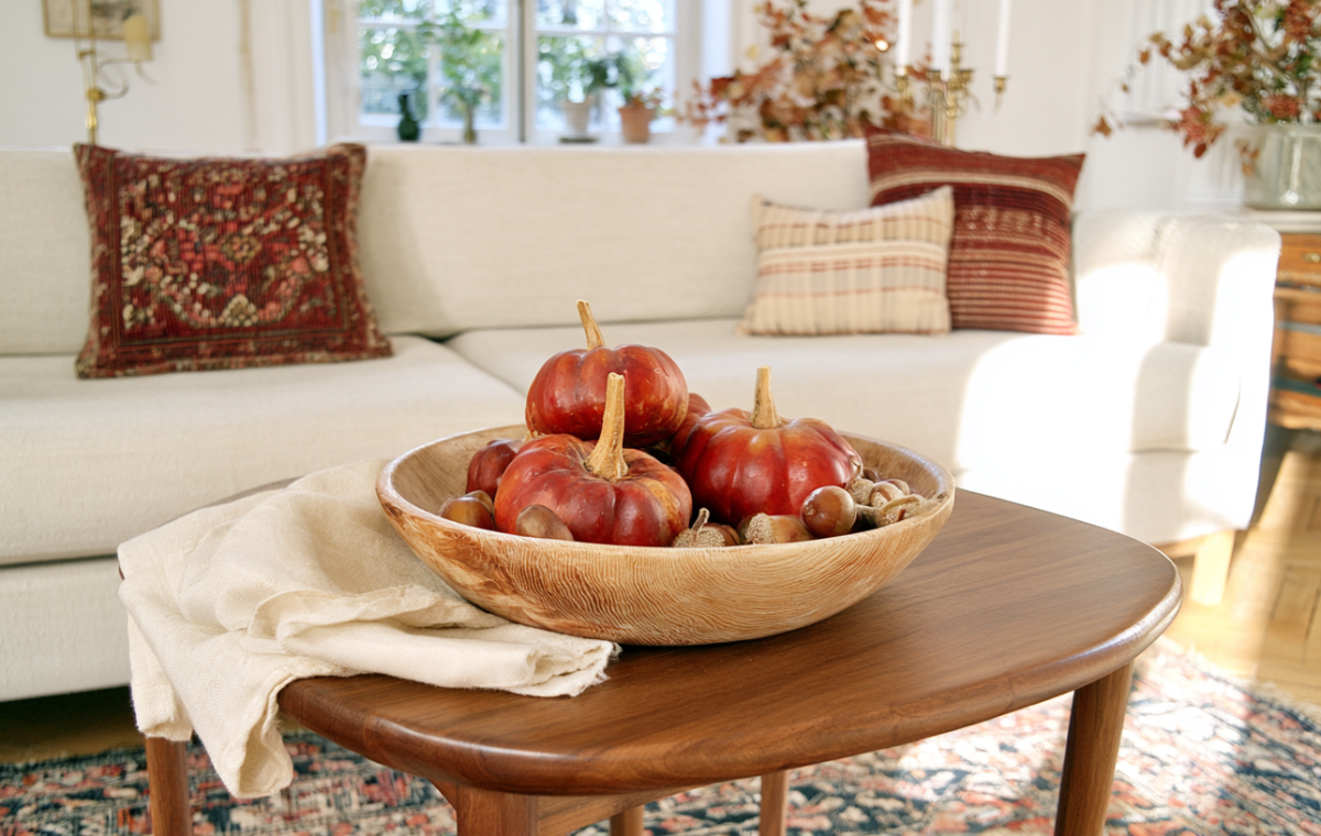 Autumn coffee table decor featuring a wooden bowl filled with small pumpkins and acorns in a bright living room.