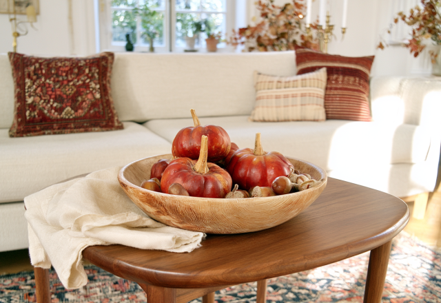 Autumn coffee table decor featuring a wooden bowl filled with small pumpkins and acorns in a bright living room.