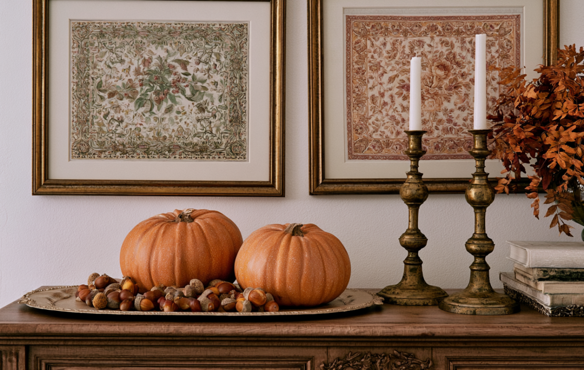 Autumn console table decor featuring pumpkins, acorns, brass candlesticks, and dried foliage under botanical wall art.
