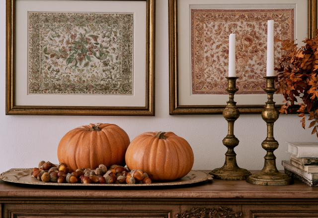 Autumn console table decor featuring pumpkins, acorns, brass candlesticks, and dried foliage under botanical wall art.