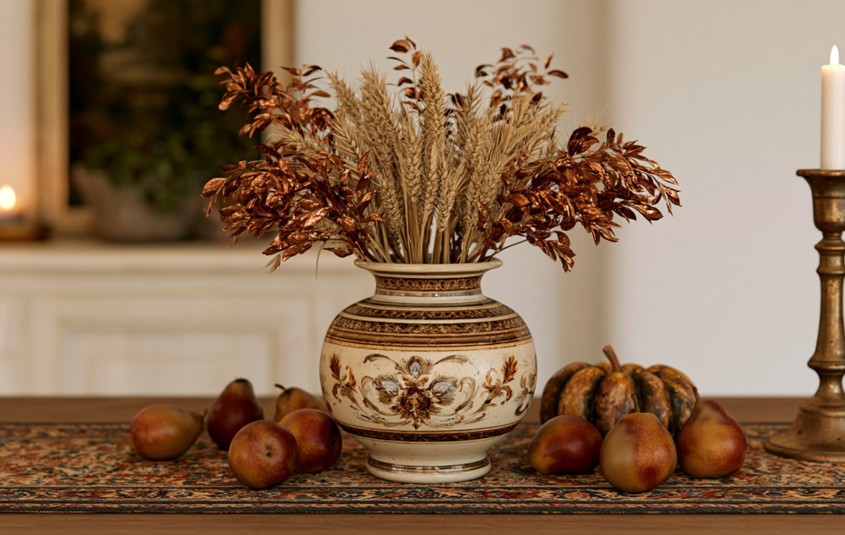 An autumn dining table centerpiece featuring a patterned ceramic urn with wheat, pears, and a brass candleholder.