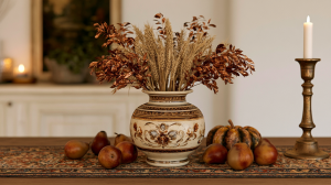 An autumn dining table centerpiece featuring a patterned ceramic urn with wheat, pears, and a brass candleholder.