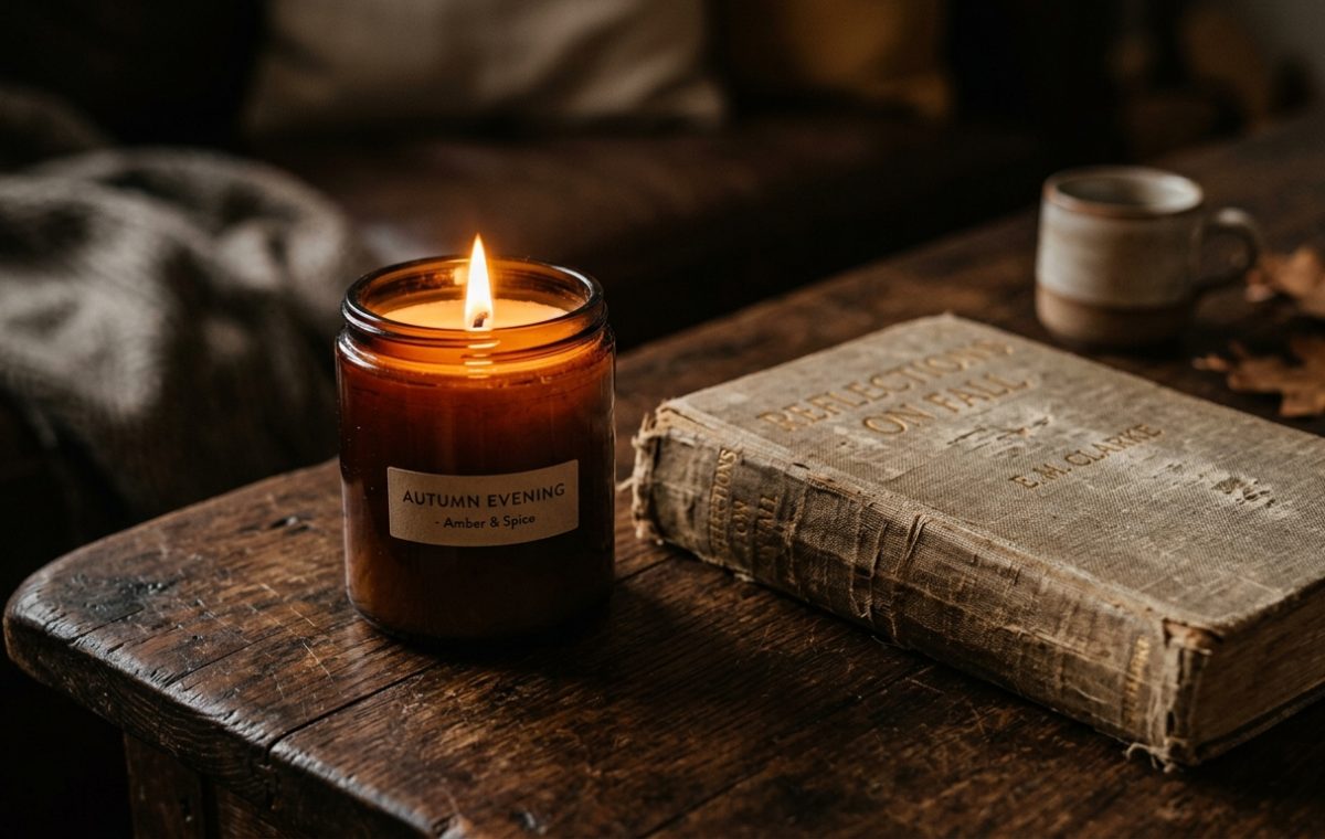 An amber spice jar candle and a vintage book on a dark wooden table for autumn evening routines.