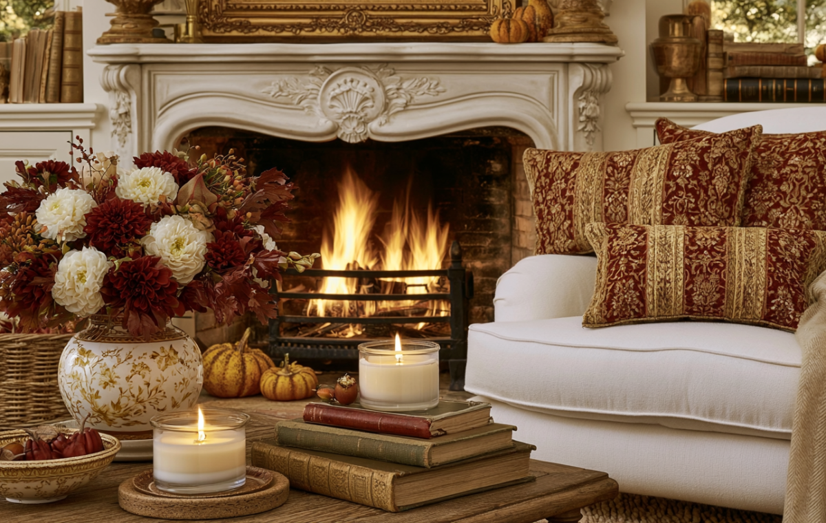 Cozy living room featuring autumn fireplace decor, warm candlelight, stacked books, and red throw pillows.