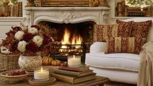 Cozy living room featuring autumn fireplace decor, warm candlelight, stacked books, and red throw pillows.