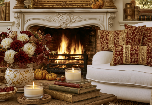 Cozy living room featuring autumn fireplace decor, warm candlelight, stacked books, and red throw pillows.
