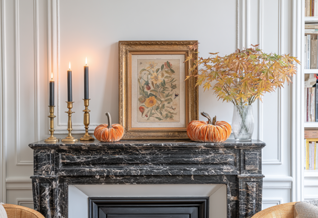 Elegant autumn fireplace decor featuring brass candlesticks, velvet pumpkins, and a framed botanical art print on a marble mantel.
