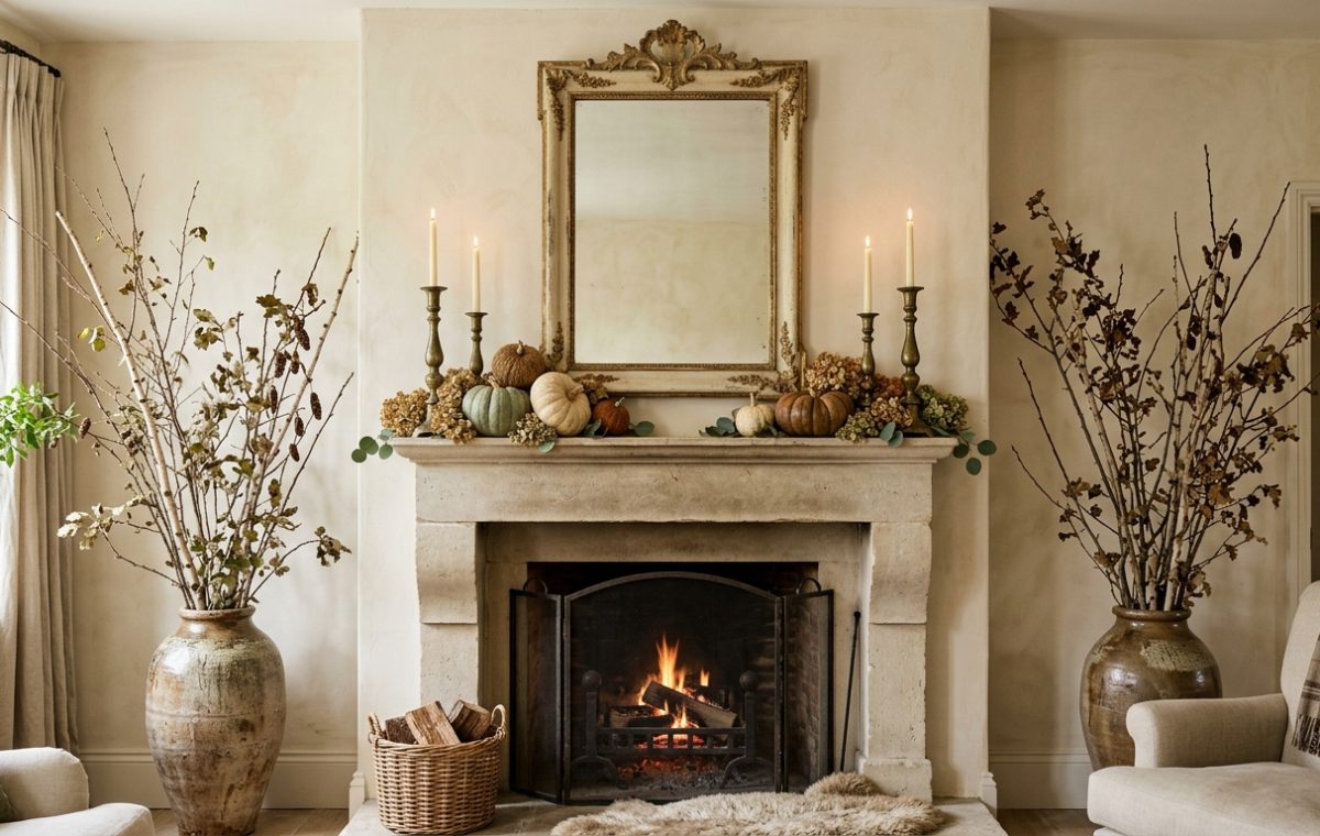 Autumn fireplace mantel decor styled with neutral pumpkins, tall brass candlesticks, and dried branches in rustic ceramic urns.