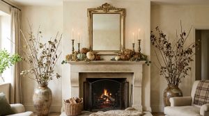Autumn fireplace mantel decor styled with neutral pumpkins, tall brass candlesticks, and dried branches in rustic ceramic urns.