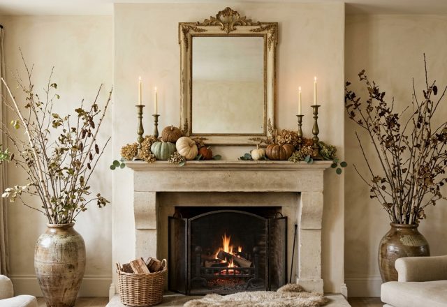 Autumn fireplace mantel decor styled with neutral pumpkins, tall brass candlesticks, and dried branches in rustic ceramic urns.