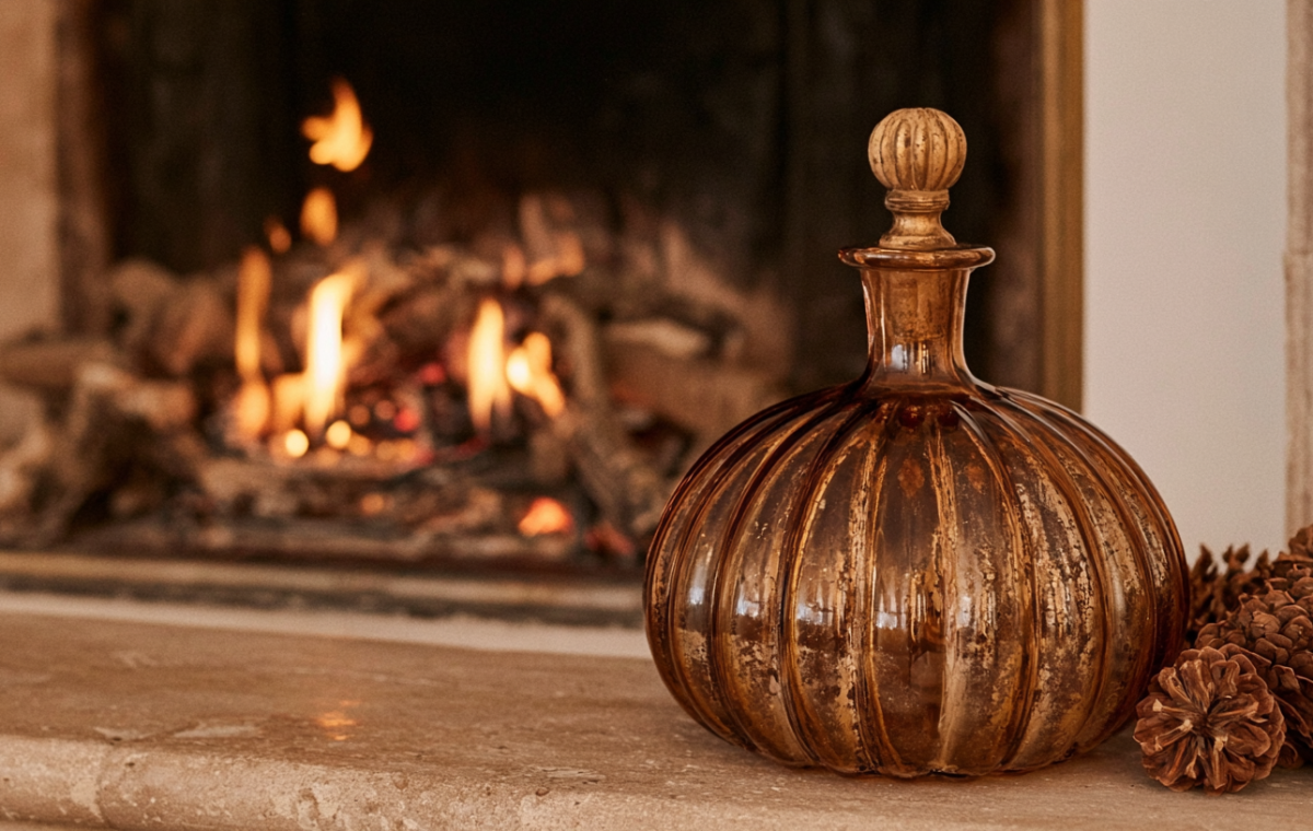 Amber glass bottle and pinecones styled on a stone fireplace mantel during autumn.