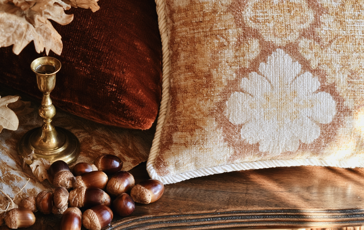 Close-up of autumn home decor featuring velvet pillows, brass candlestick, and acorns on a wooden surface.