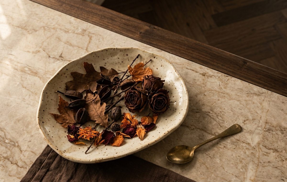 Speckled ceramic dish filled with dried autumn leaves and roses on a marble countertop for autumn home decor styling.