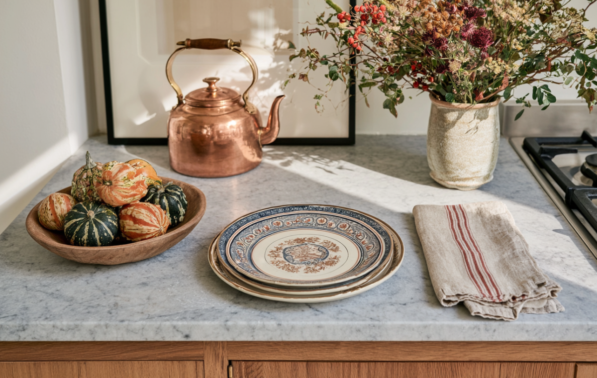 Cozy autumn kitchen styling with miniature gourds, a copper kettle, and dried flowers on marble countertops.