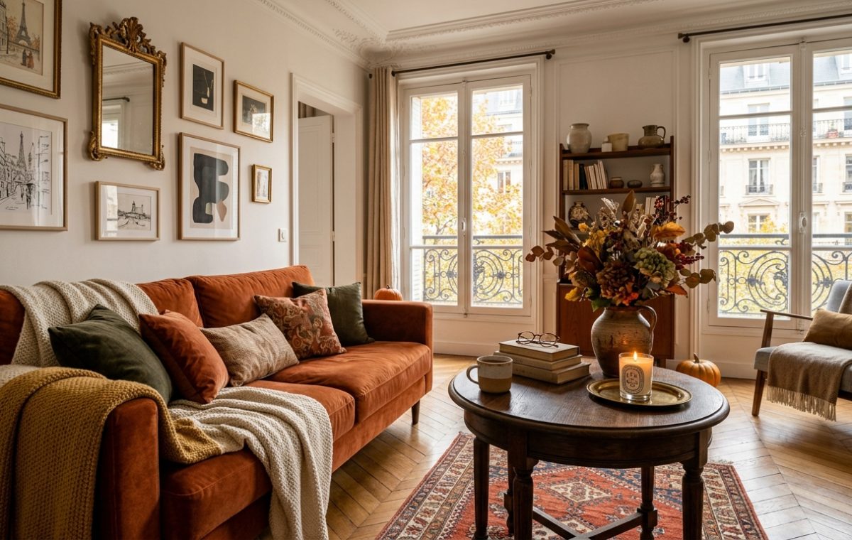 Cozy autumn living room decor featuring a rust velvet sofa, gallery wall, and warm seasonal accents