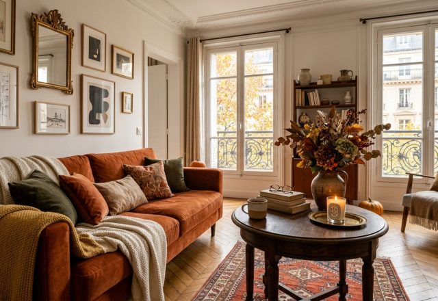 Cozy autumn living room decor featuring a rust velvet sofa, gallery wall, and warm seasonal accents